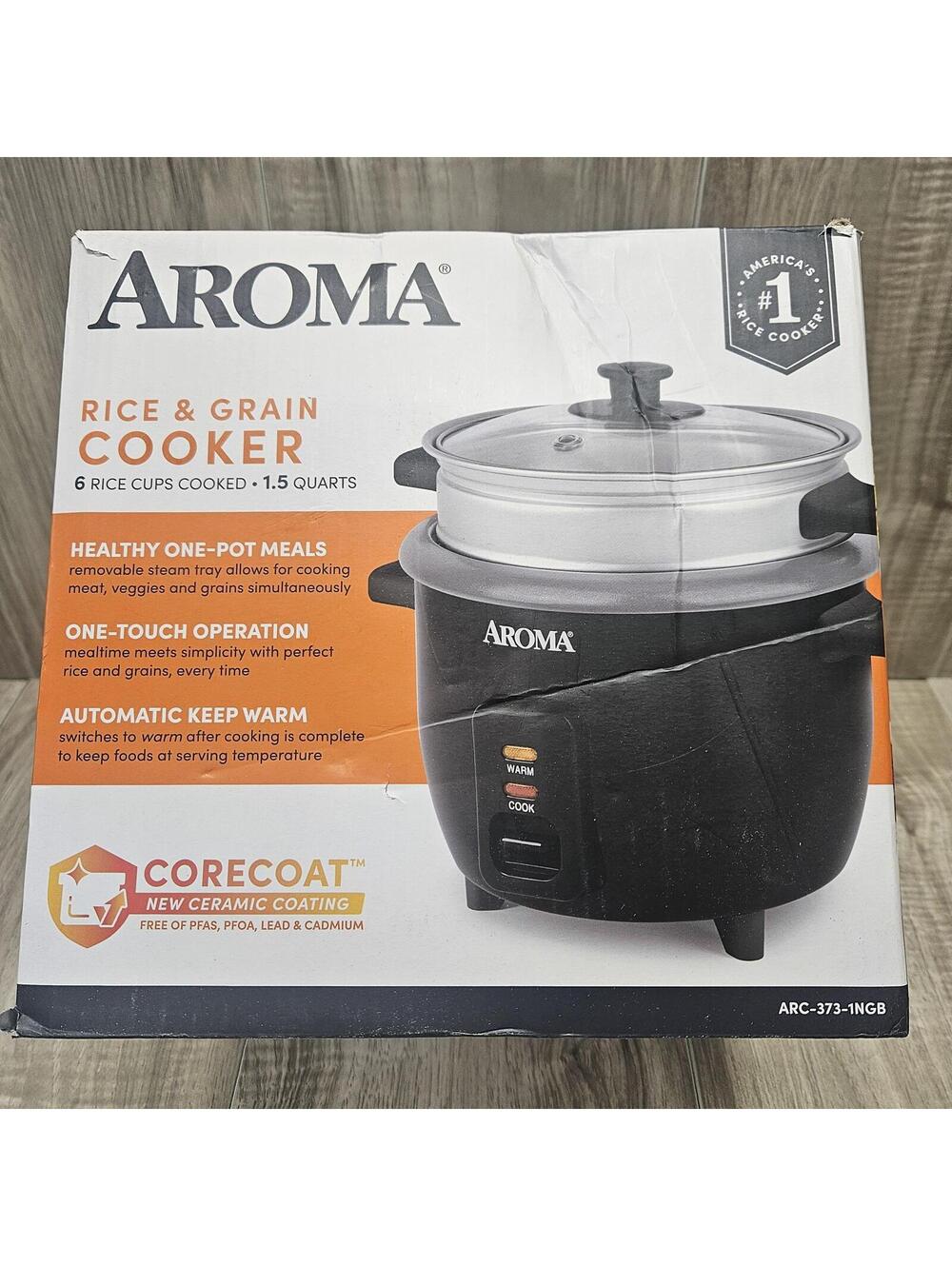 New Aroma Rice & Grain Cooker 6-Cup Cooked 1.5 Qt with Steam Tray